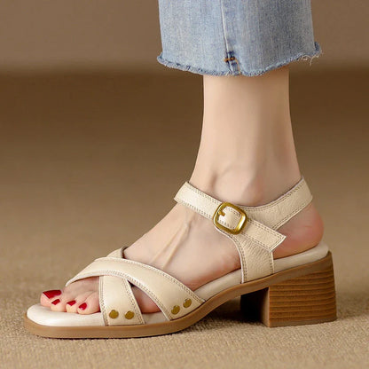 Timeless Kiwi Sandals: Buckle Up for Summer Style - Premium genuine leather sandals with adjustable buckle strap and square heels for effortless Kiwi-inspired fashion