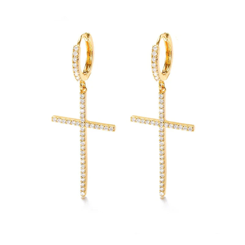 Elegant cross-shaped dangle earrings made with premium cubic zirconia and copper