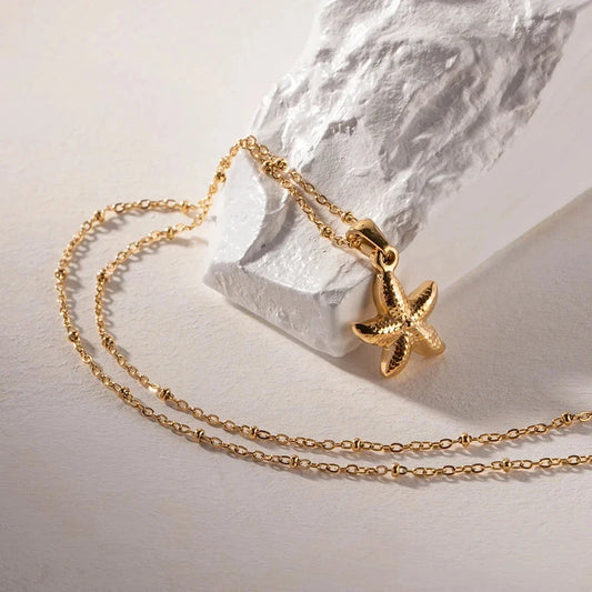 18K gold plated starfish pendant necklace with tarnish-proof stainless steel construction for timeless seaside elegance