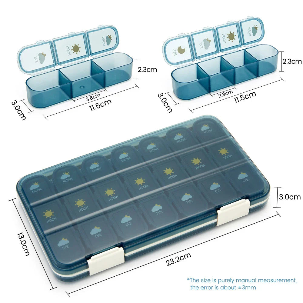 Weekly pill organiser with 28 compartments for storing daily medications, vitamins, and supplements