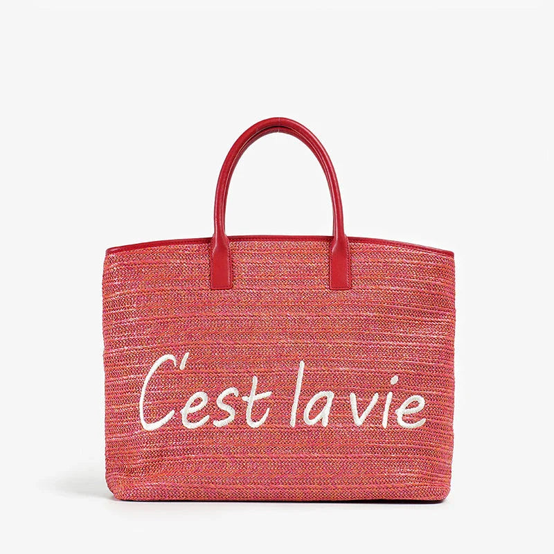 Stylish straw tote bag with trendy letter decoration, perfect for Kiwi women's casual summer style