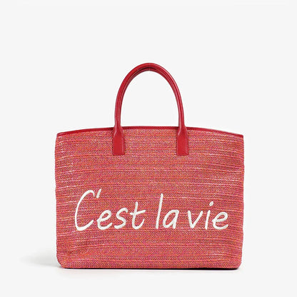 Stylish straw tote bag with trendy letter decoration, perfect for Kiwi women's casual summer style