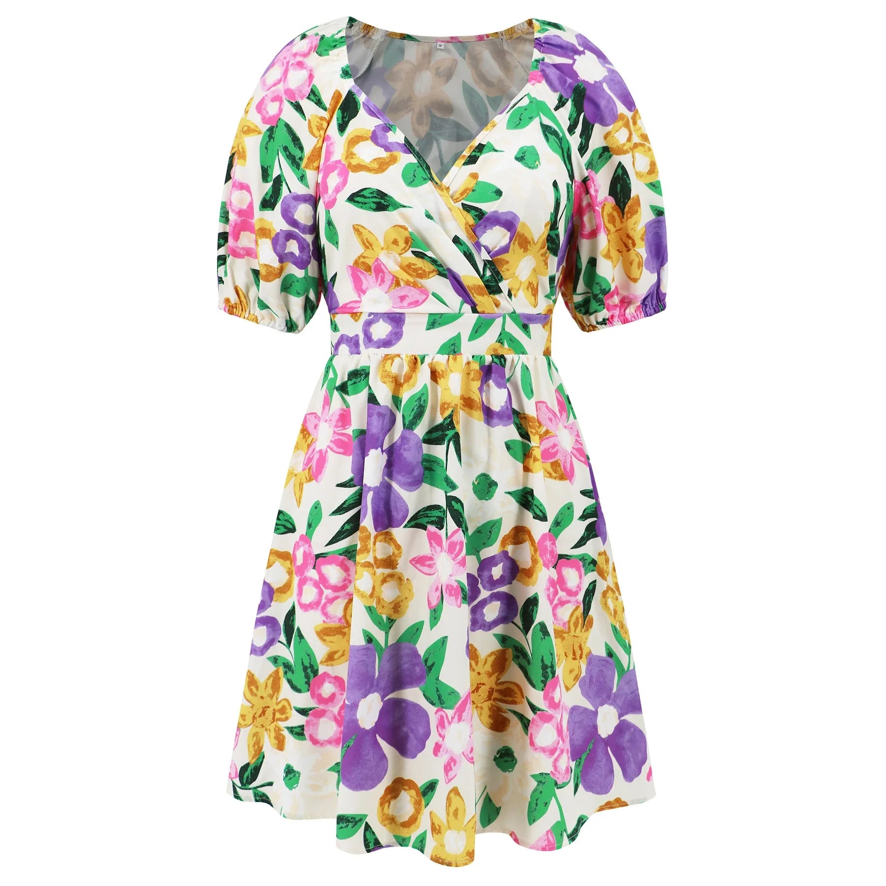 Floral print Y2K summer beach dress with lantern sleeves, v-neck, and stretchy waistline