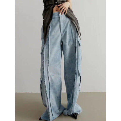 Stylish tie-dye straight-leg denim pants with high-waist design and practical pockets