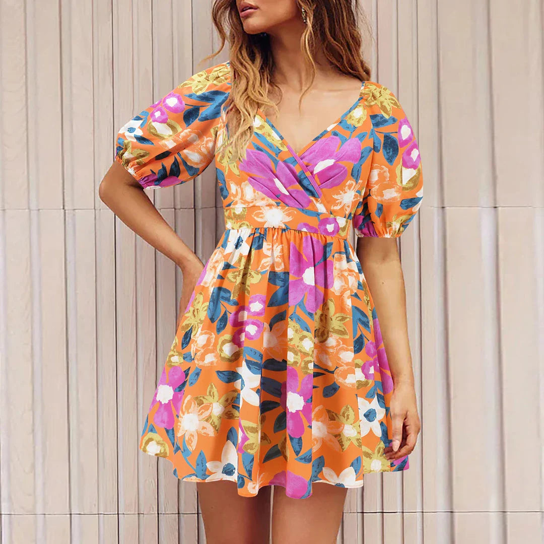 Floral print Y2K summer beach dress with lantern sleeves, v-neck, and stretchy waistline