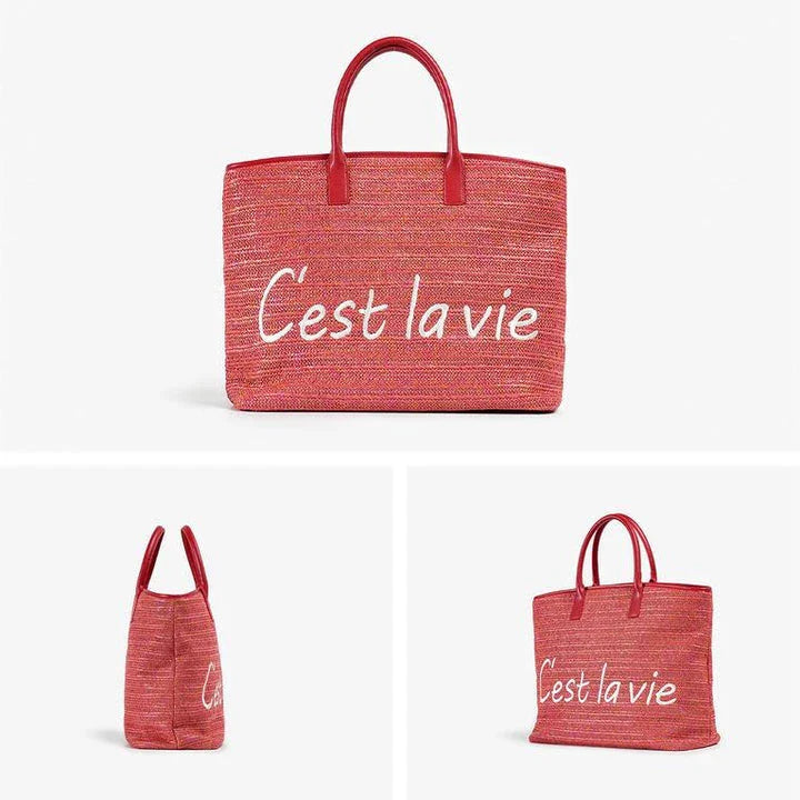 Stylish straw tote bag with trendy letter decoration, perfect for Kiwi women's casual summer style