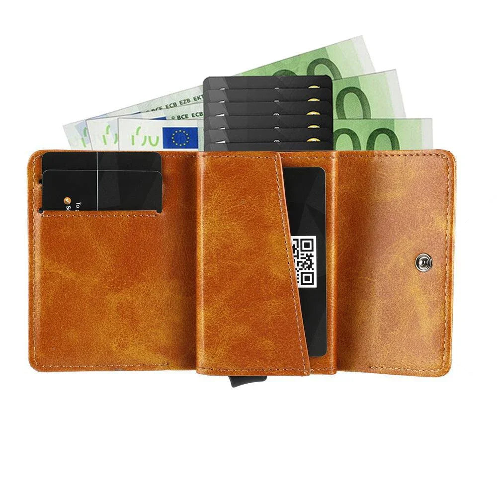 A stylish tri-fold wallet made of premium PU leather, featuring a magnetic buckle closure and available in a range of classic Kiwi-approved colors.