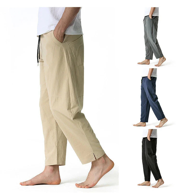 Kiwi-made casual trousers in a linen-cotton blend, featuring a relaxed, straight-leg fit and a variety of classic Kiwi colours.