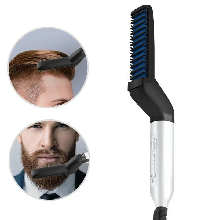 Multifunctional Hair Styler Brush for versatile hair and beard grooming, with heat settings, illuminated power indicator, and ergonomic design