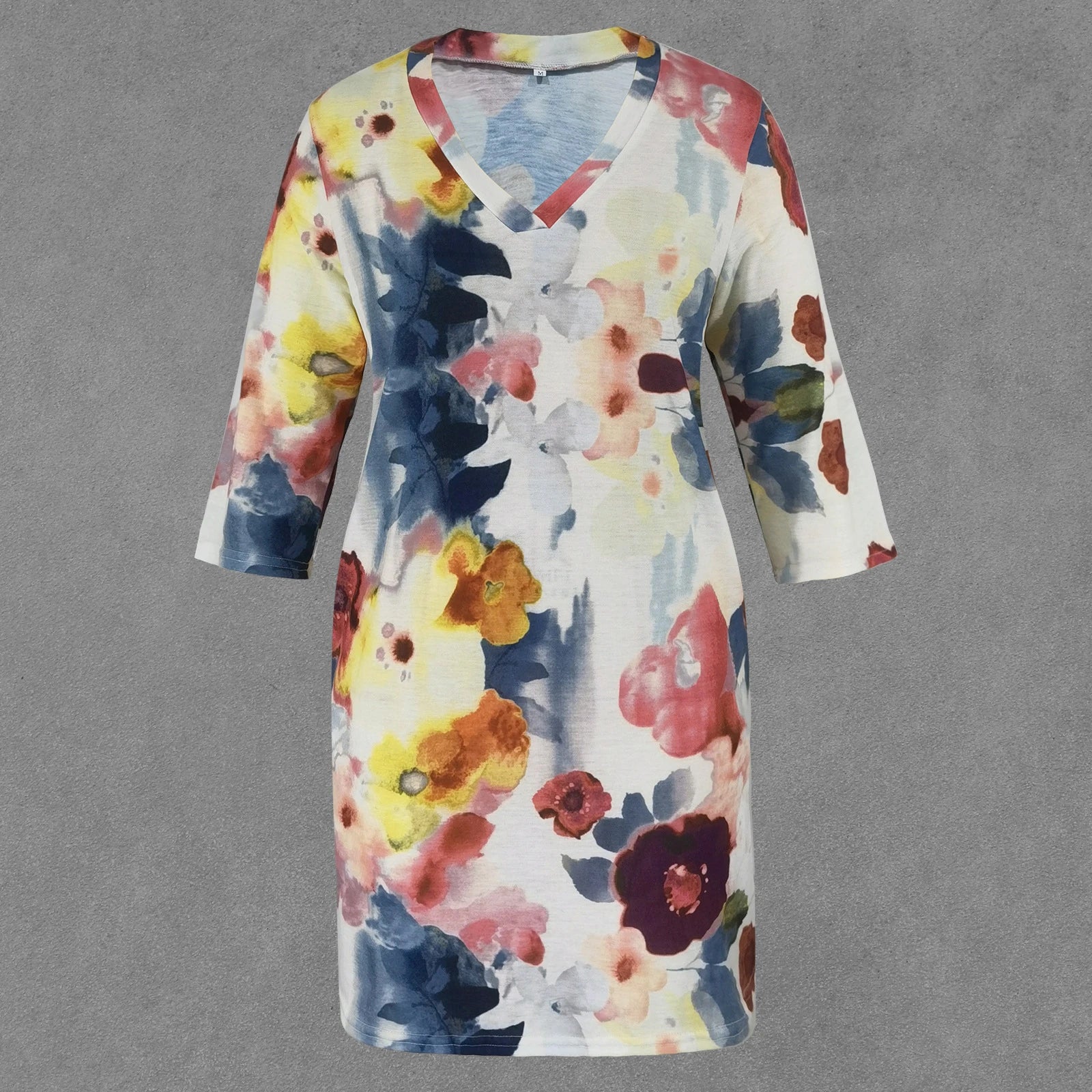 Vibrant watercolour floral dress with flattering half sleeves, perfect for the Kiwi woman's wardrobe