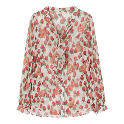 Vibrant floral chiffon blouse with stylish lantern sleeves, perfect for casual and semi-formal occasions