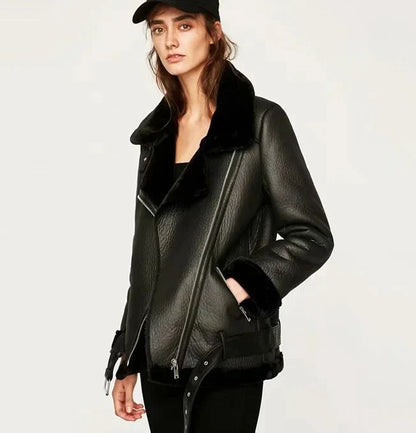 A stylish women's leather jacket with a trendy belt detail, designed for versatile wear in New Zealand.