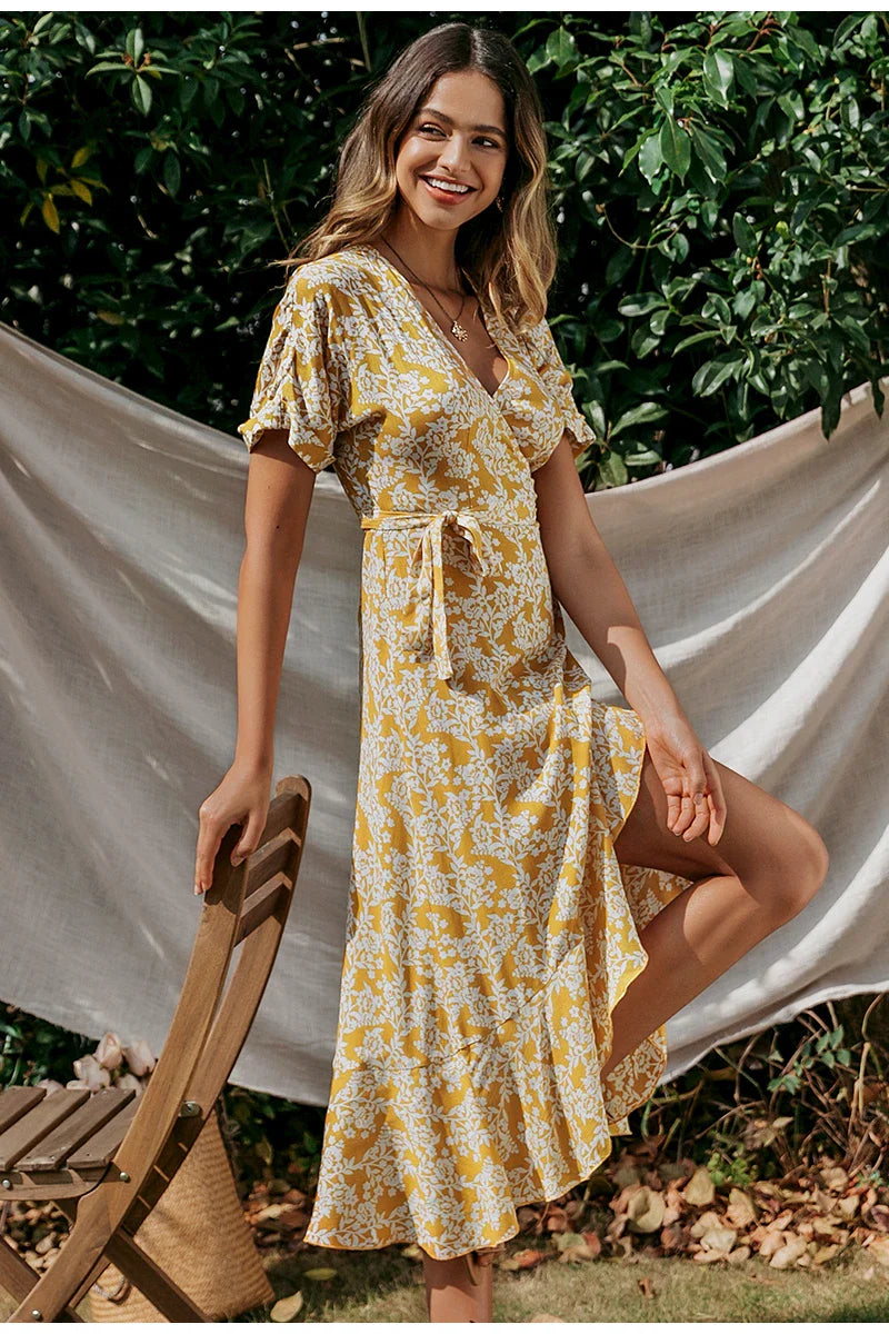 A stylish yellow printed lace ruffle dress with a flattering silhouette, perfect for Kiwi occasions.