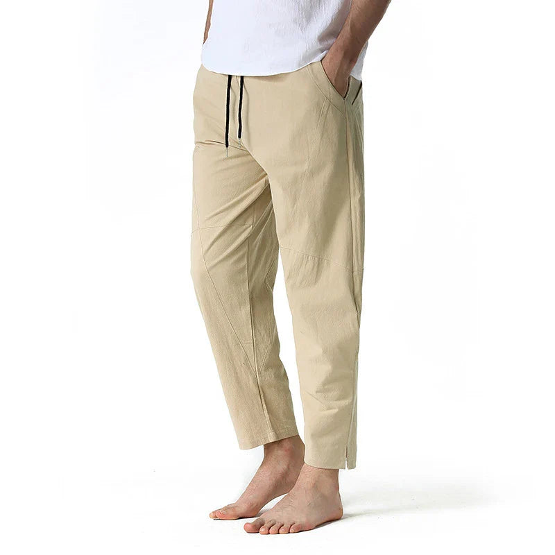 Kiwi-made casual trousers in a linen-cotton blend, featuring a relaxed, straight-leg fit and a variety of classic Kiwi colours.