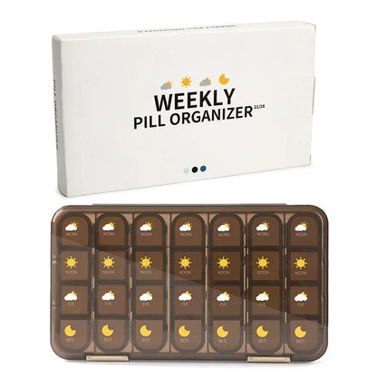 Weekly pill organiser with 28 compartments for storing daily medications, vitamins, and supplements