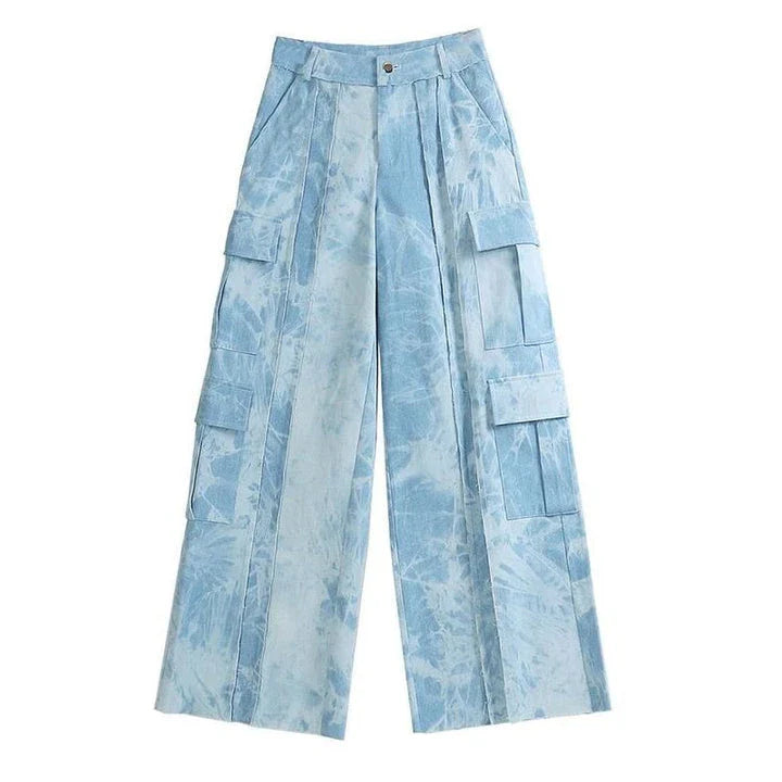 Stylish tie-dye straight-leg denim pants with high-waist design and practical pockets