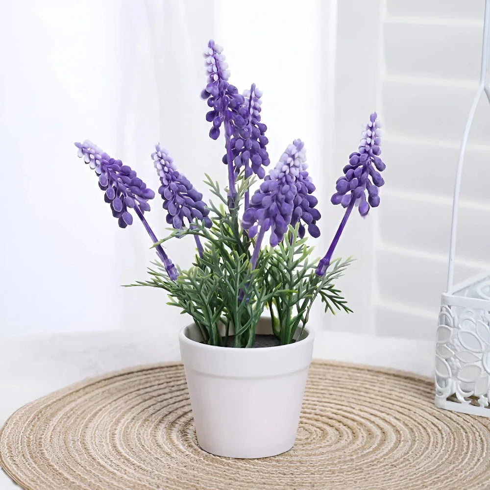 Artificial lavender arrangement in a rustic iron flower basket, creating a serene and natural décor piece for the home