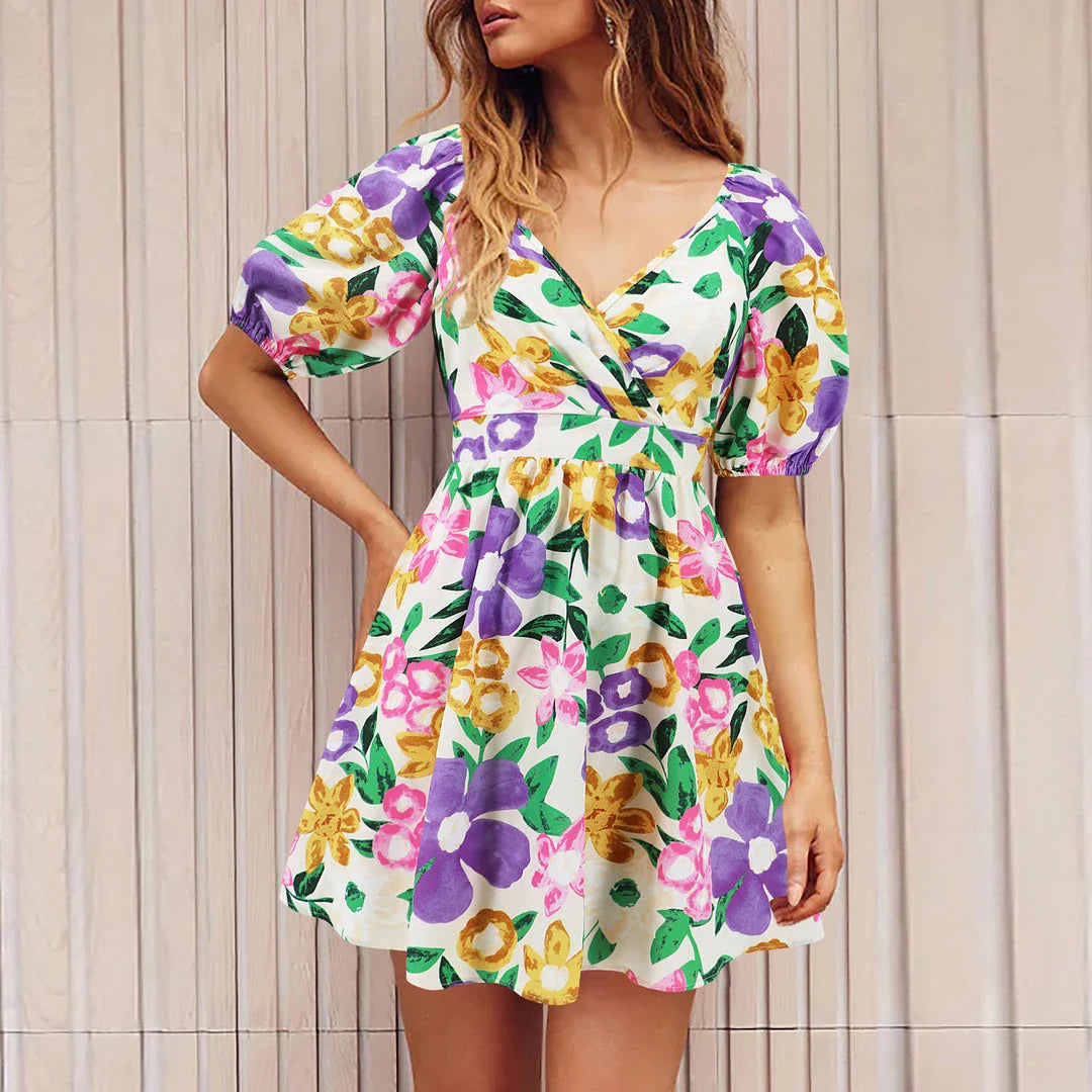 Floral print Y2K summer beach dress with lantern sleeves, v-neck, and stretchy waistline