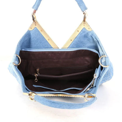 Light blue denim crossbody bag with a v-shaped diamond flower design, perfect for everyday use.