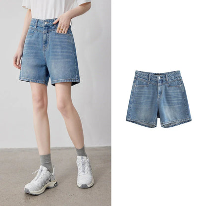 High-waisted denim shorts for women, featuring a straight-leg cut, practical pockets, and premium cotton construction for durability and comfort.