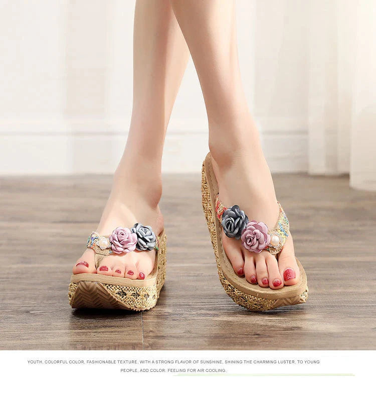 Trendy Bohemian-style platform flip flops with comfortable spongy sole and range of vibrant colors for Kiwi beach style