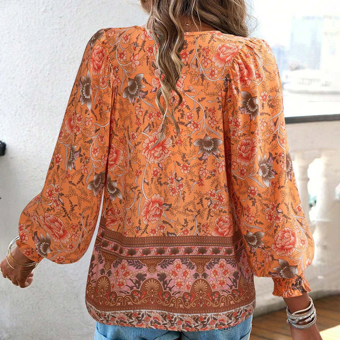 Bohemian V-Neck Long Sleeve Top featuring a classic paisley pattern, soft cotton-poly blend fabric, and flattering v-neck design