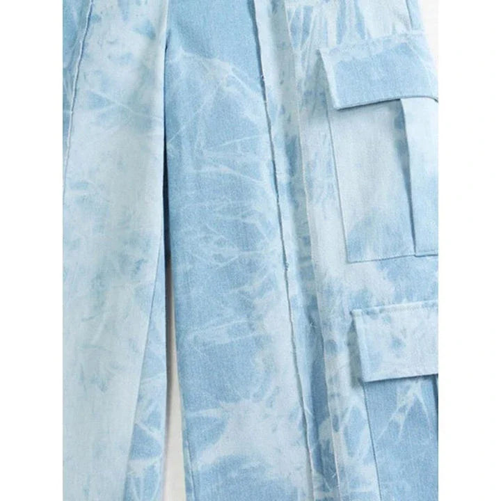 Stylish tie-dye straight-leg denim pants with high-waist design and practical pockets