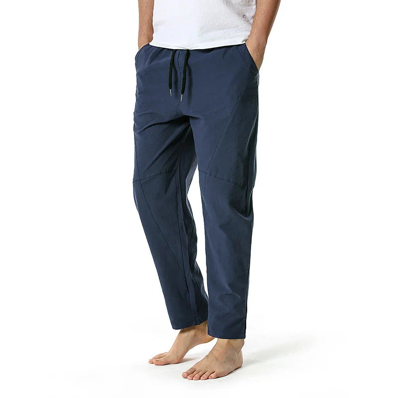 Kiwi-made casual trousers in a linen-cotton blend, featuring a relaxed, straight-leg fit and a variety of classic Kiwi colours.