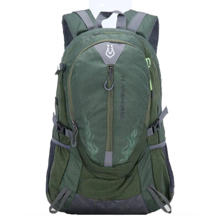 A versatile outdoor backpack made of waterproof nylon, featuring a dedicated laptop compartment, breathable mesh back panel, and adjustable straps for comfort and organization.