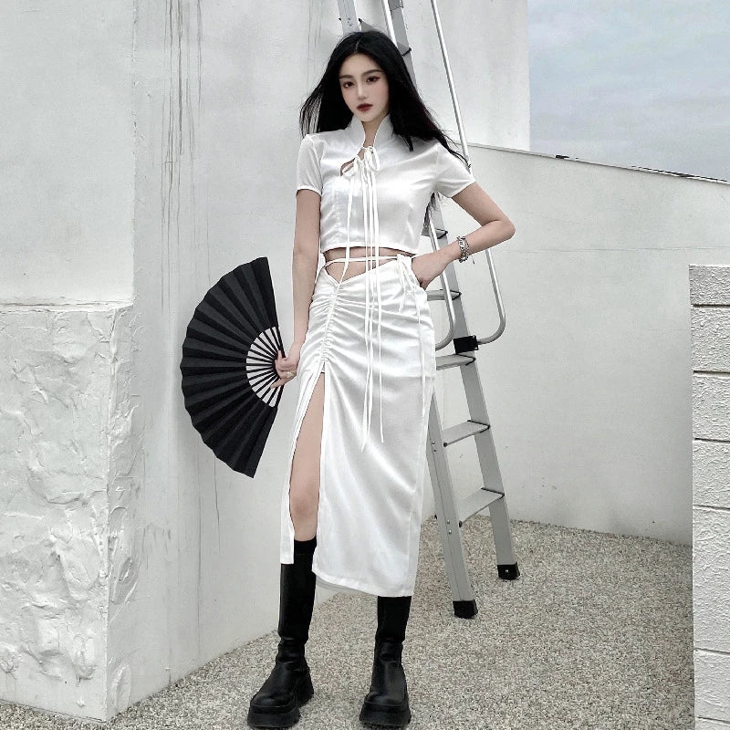 Stylish Hong Kong-inspired suit set with lace-up cheongsam collar and high-waist skirt in white polyester fabric