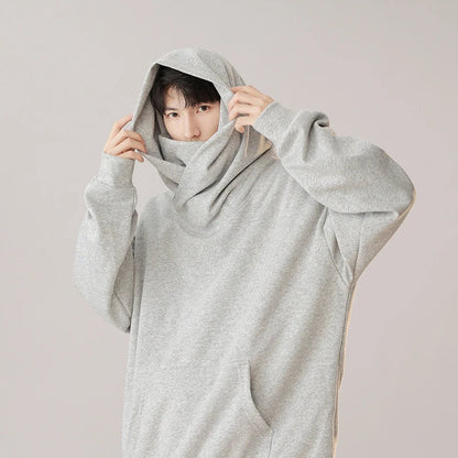 Hooded pullover sweater in snow gray, cloud gray, god gray, and matte black colors with a mechanical-inspired design for men and women