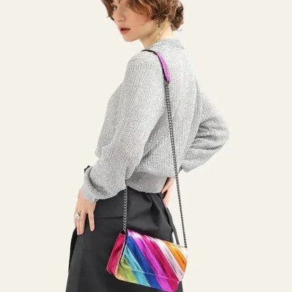 Stylish striped flap handbag with chic metal chain in vibrant colours, perfect for everyday use and special occasions.