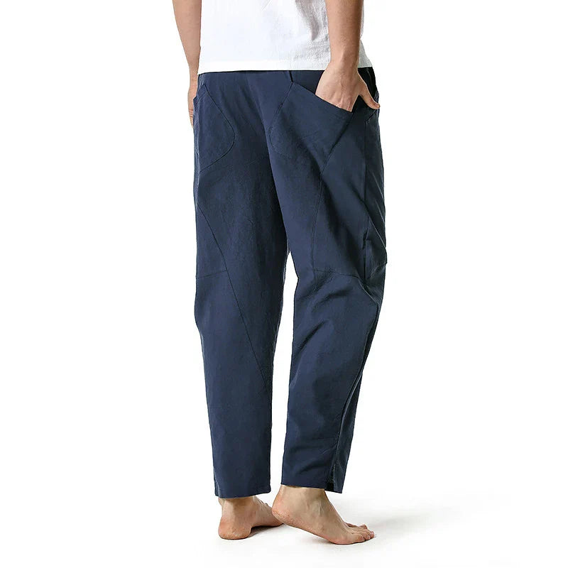 Kiwi-made casual trousers in a linen-cotton blend, featuring a relaxed, straight-leg fit and a variety of classic Kiwi colours.