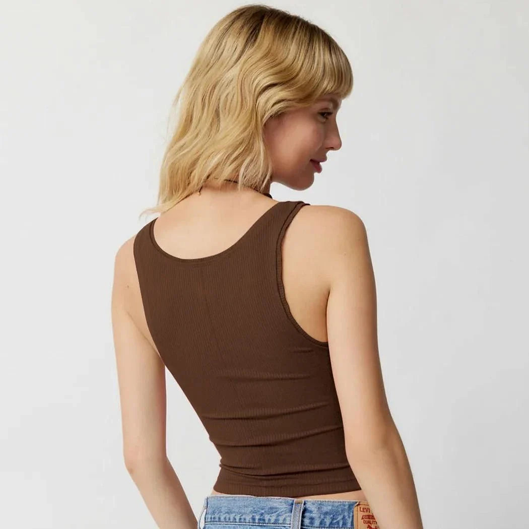 A stylish knitted sleeveless crop top in a solid brown color, perfect for Kiwi summer fashion.