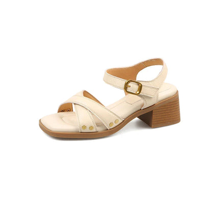 Timeless Kiwi Sandals: Buckle Up for Summer Style - Premium genuine leather sandals with adjustable buckle strap and square heels for effortless Kiwi-inspired fashion