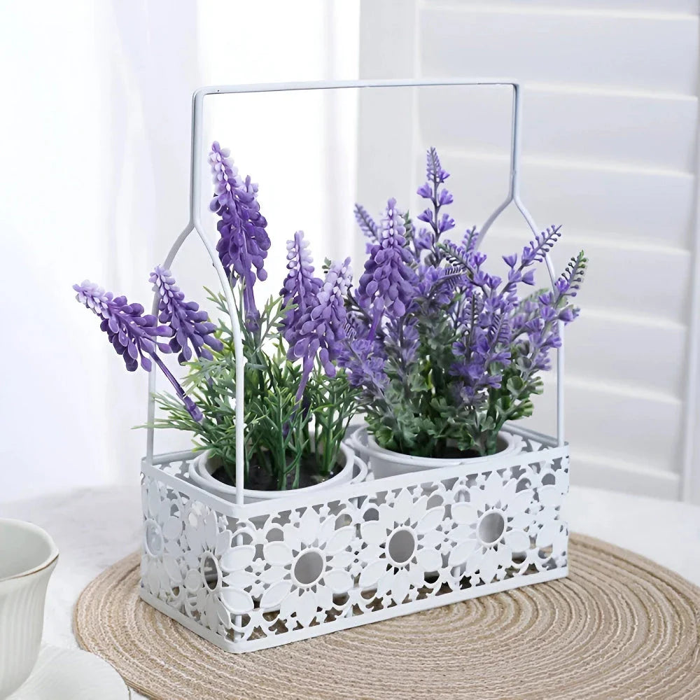 Artificial lavender arrangement in a rustic iron flower basket, creating a serene and natural décor piece for the home