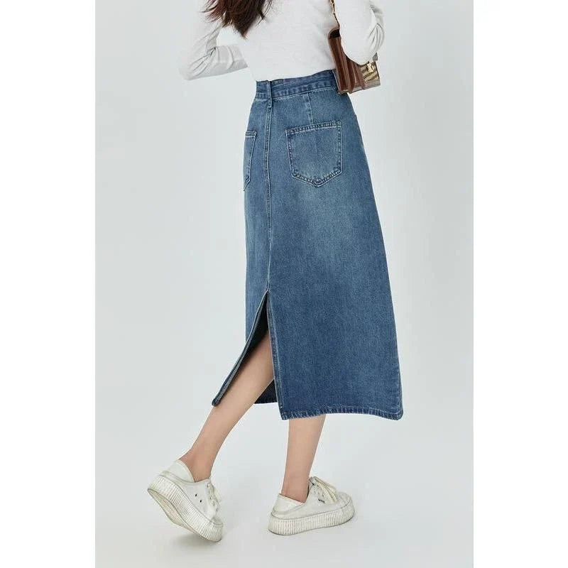 Timeless and Comfortable Kiwi-Chic A-Line Midi Denim Skirt - A versatile and stylish denim skirt with a classic A-line silhouette and mid-calf length