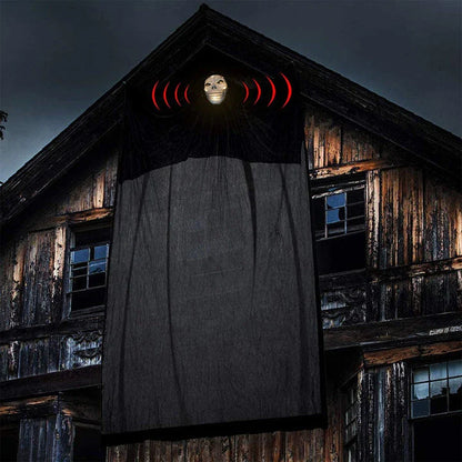 Voice-activated Halloween hanging ghost with glowing eyes, spooky lighting, and creepy sound effects