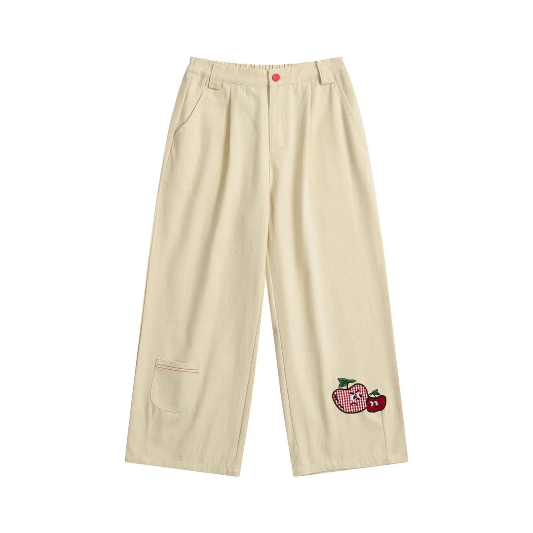 High-waist cotton capri trousers with cartoon fruit embroidery, perfect for casual New Zealand style