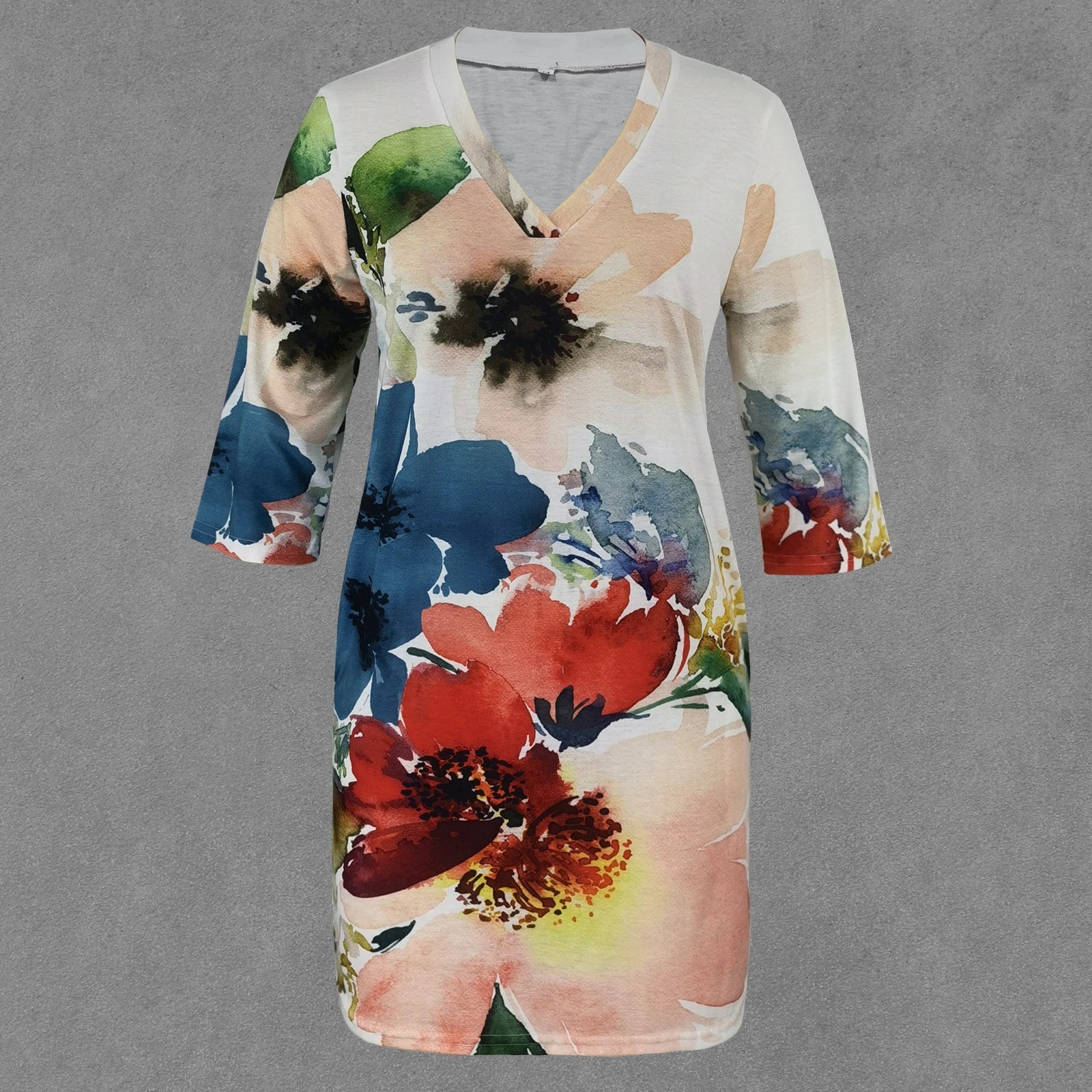 Vibrant watercolour floral dress with flattering half sleeves, perfect for the Kiwi woman's wardrobe