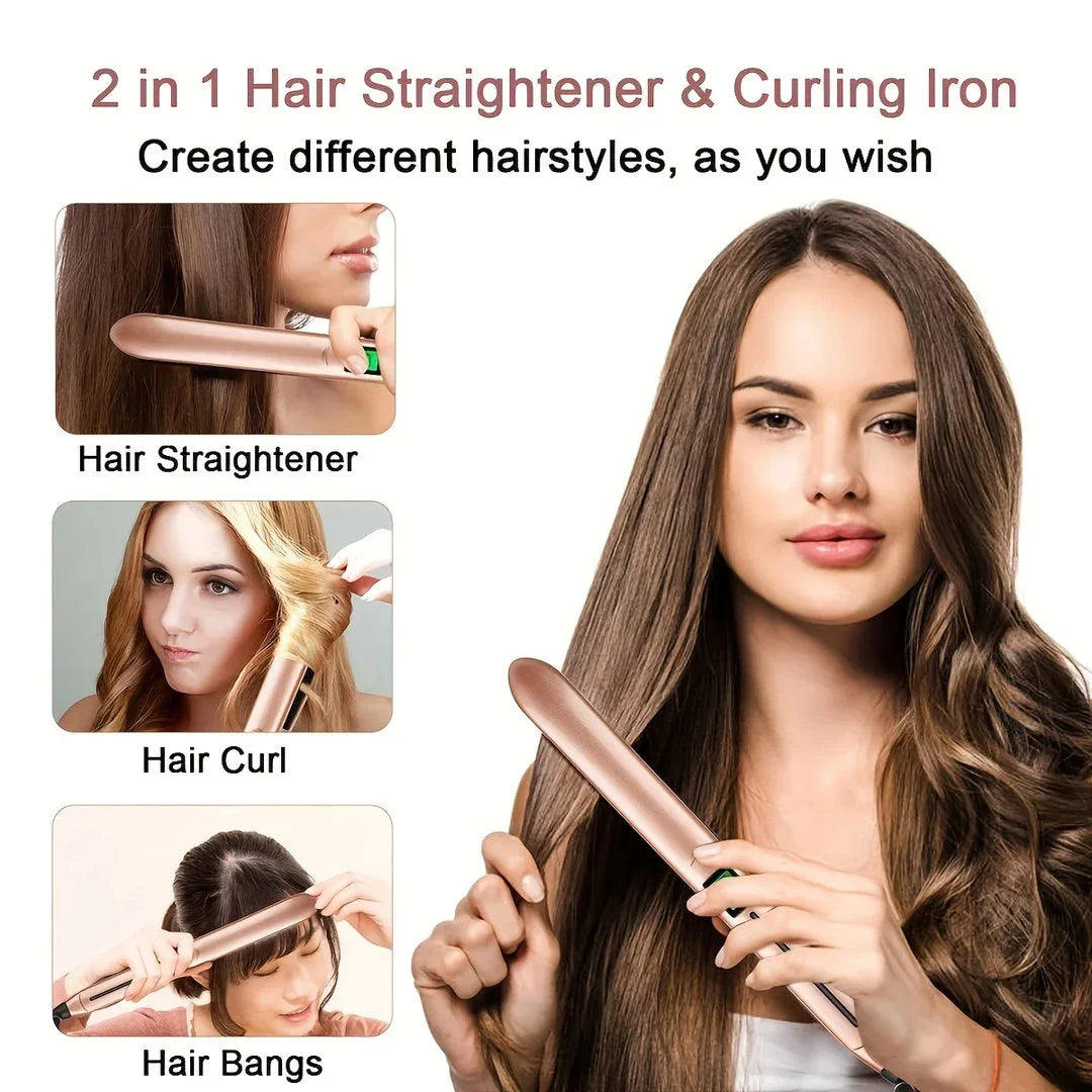 2-in-1 Ceramic Hair Straightener and Curler with fast heating, adjustable temperature, and dual functionality for versatile styling