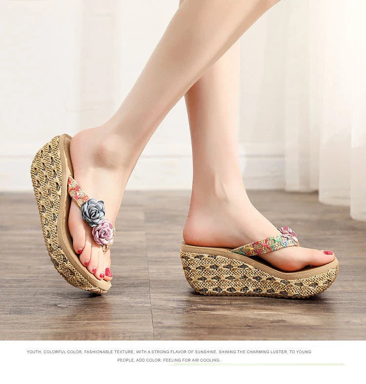 Trendy Bohemian-style platform flip flops with comfortable spongy sole and range of vibrant colors for Kiwi beach style