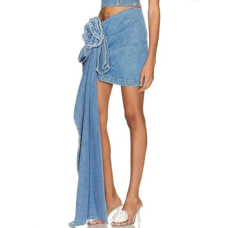 Stylish high-waisted blue denim skirt with a 3D rose detail, perfect for summer fashion