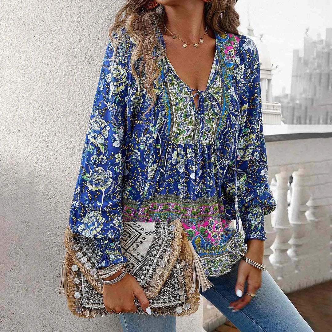 Bohemian V-Neck Long Sleeve Top featuring a classic paisley pattern, soft cotton-poly blend fabric, and flattering v-neck design