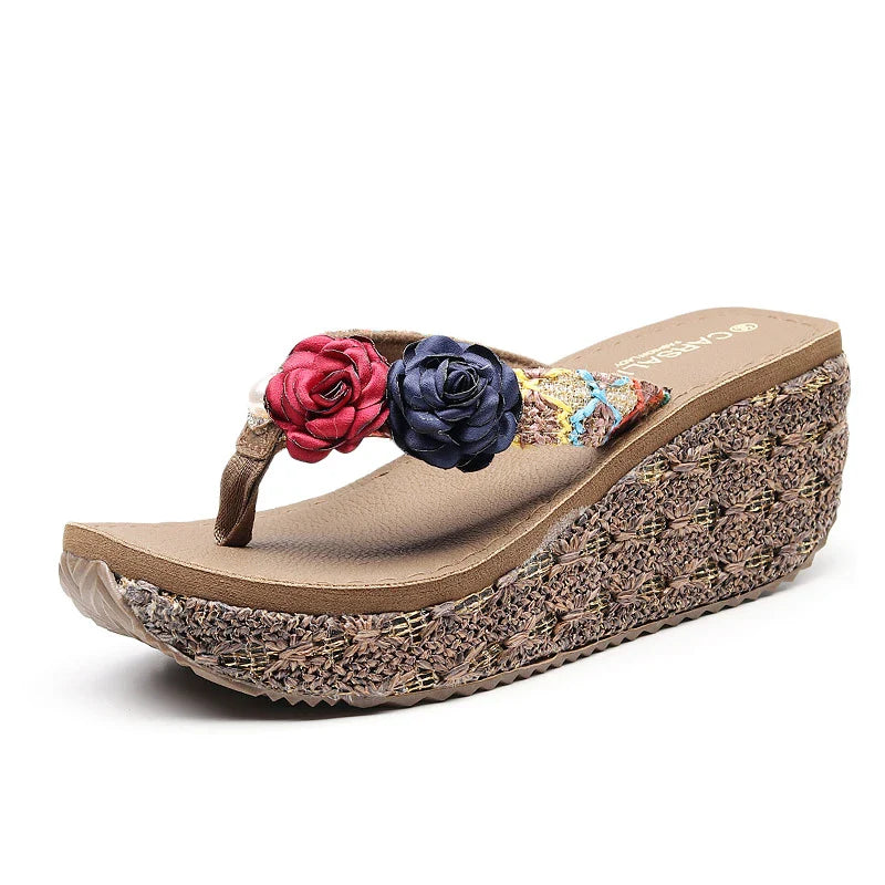 Trendy Bohemian-style platform flip flops with comfortable spongy sole and range of vibrant colors for Kiwi beach style