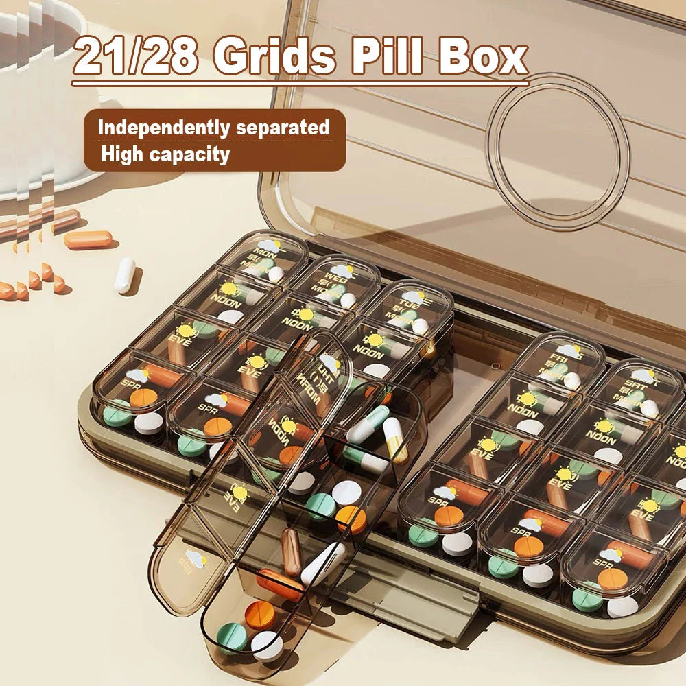 Weekly pill organiser with 28 compartments for storing daily medications, vitamins, and supplements