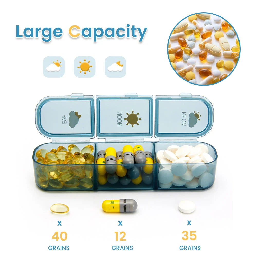 Weekly pill organiser with 28 compartments for storing daily medications, vitamins, and supplements