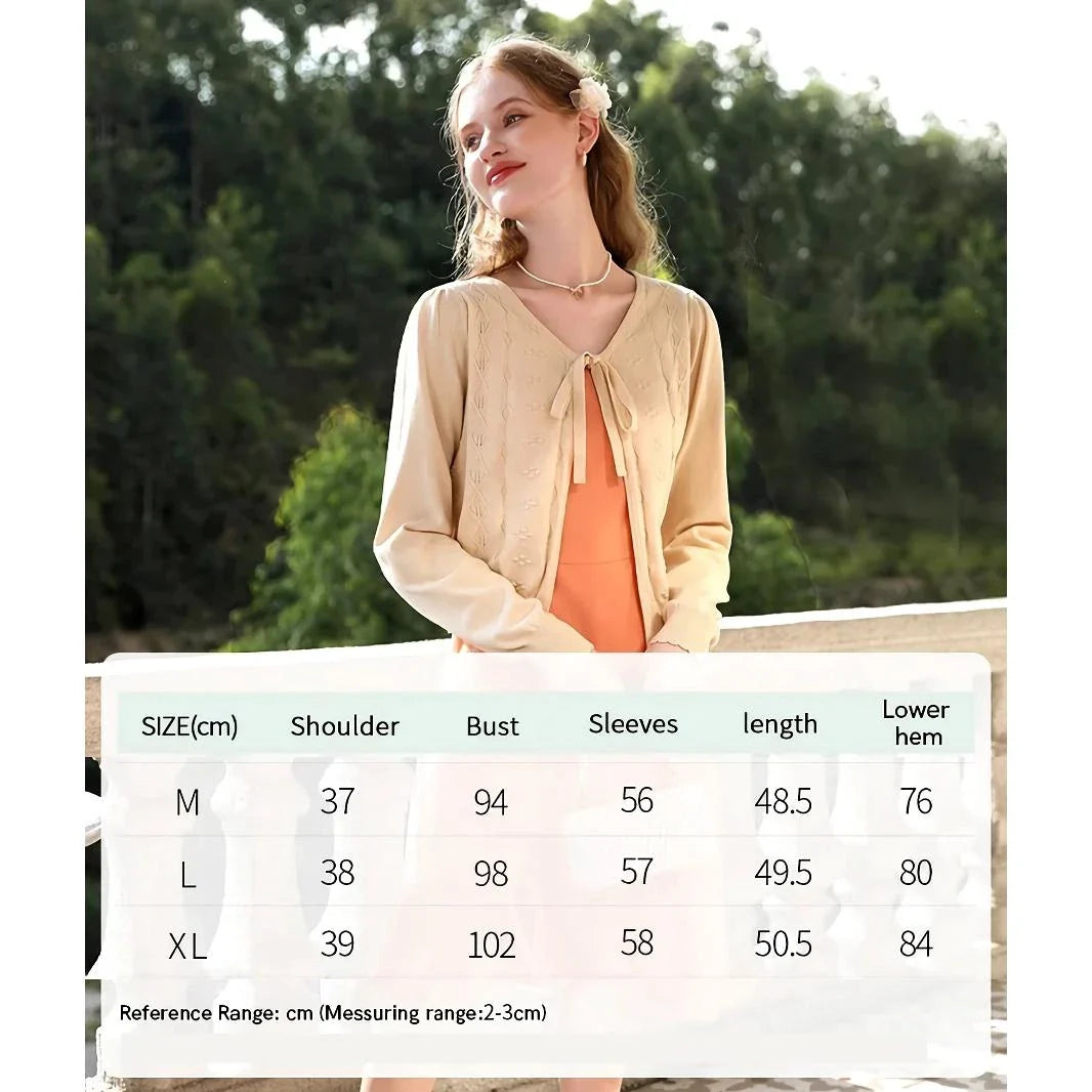 Apricot V-Neck French Knit Cardigan with Geometric Jacquard Pattern and Full-Length Sleeves