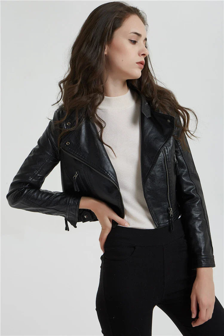 Stylish women's short jacket with washed leather and rivet detailing, perfect for elevating your street style in New Zealand fashion.