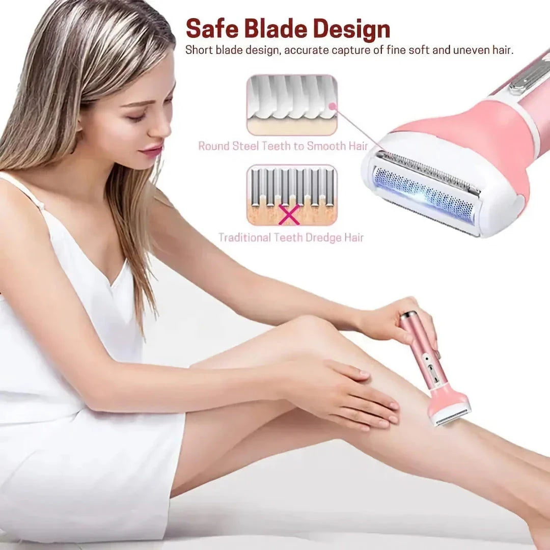 A pink 4-in-1 electric lady shaver with four interchangeable heads for versatile hair removal on the face, body, and bikini area